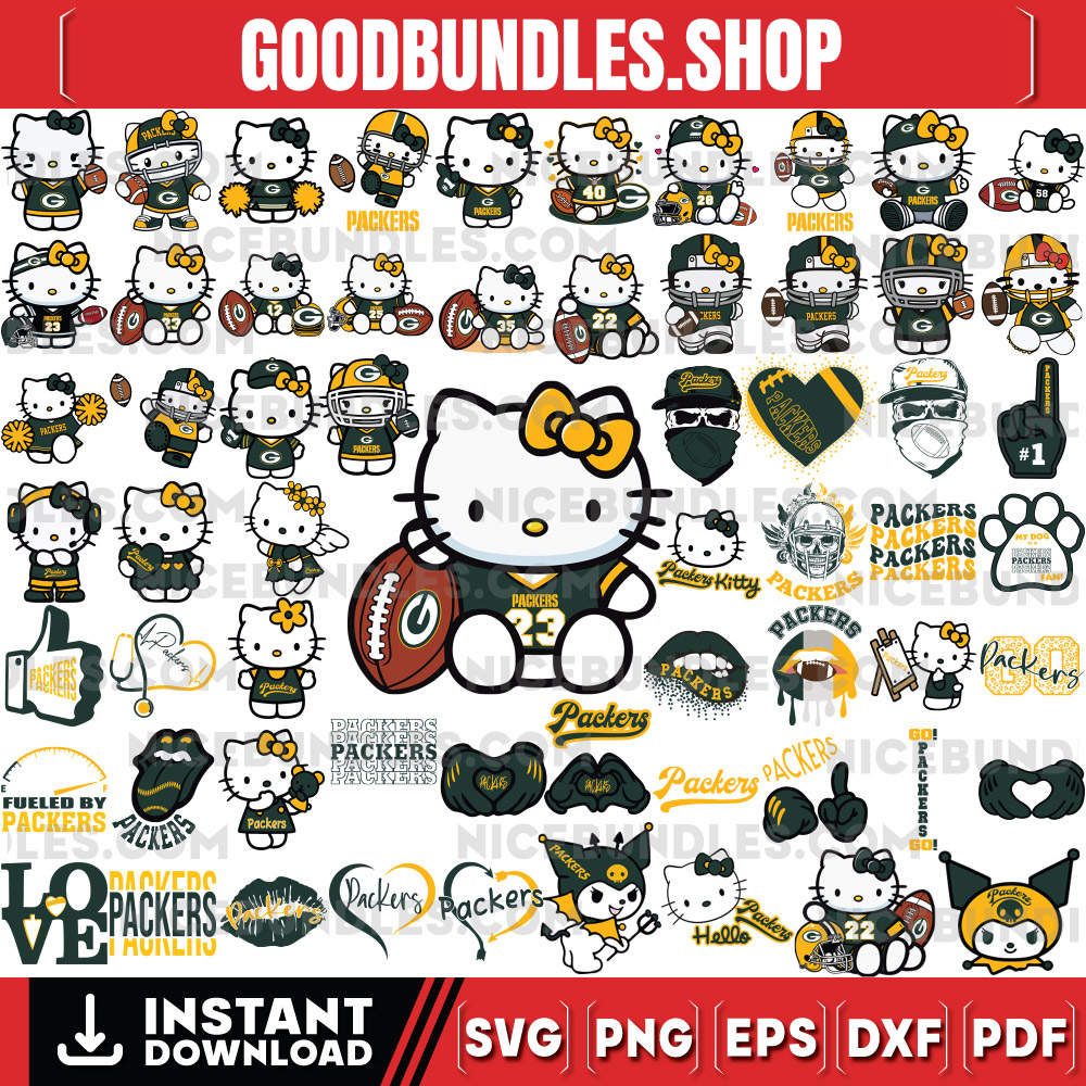 310 Hello Kitty Green Bay Packers Logo Files Svg, Green Bay Packers Svg, NFL Teams Svg, Hello Kitty Svg, Png, Dxf, Eps, Instant Download