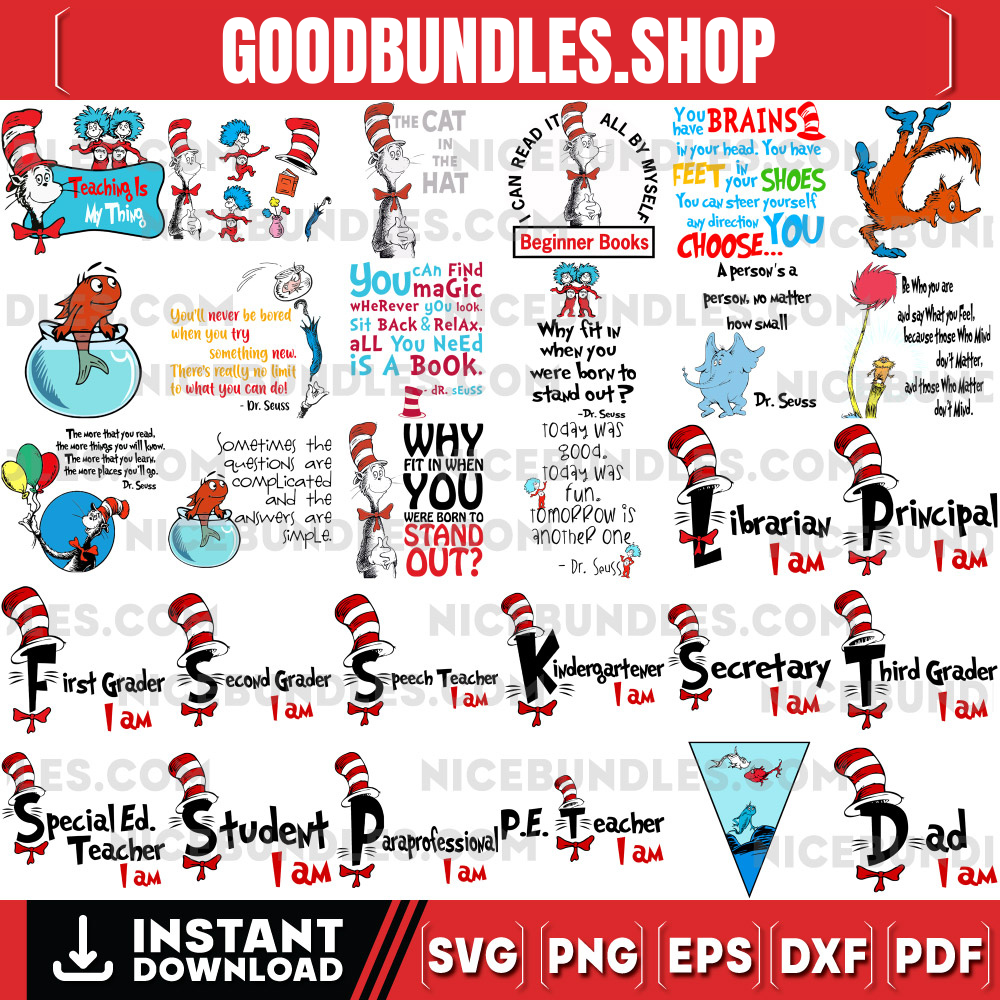 30 Designs Dr Seuss Svg Layered Item, Dr. Seuss Cat In The Hat Svg Clipart, Cricut, Digital Vector Cut File, Horton, Lorax, Fish Files