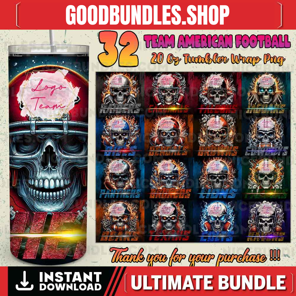 32 Team American Football Tumbler PNG Sublimation Designs, Football Mascot 20oz Skinny Tumbler Wrap PNG, Football Png Digital Download, NFL Tumbler