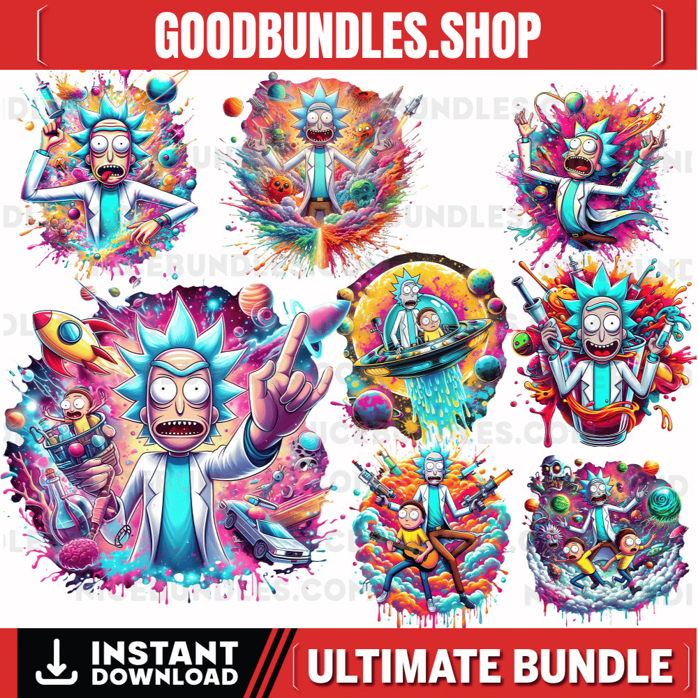 8 PNG Rick and Morty Splash and Watercolor Digital design PNG file for sublimation – High Resolution -Instant Digital PNG Download