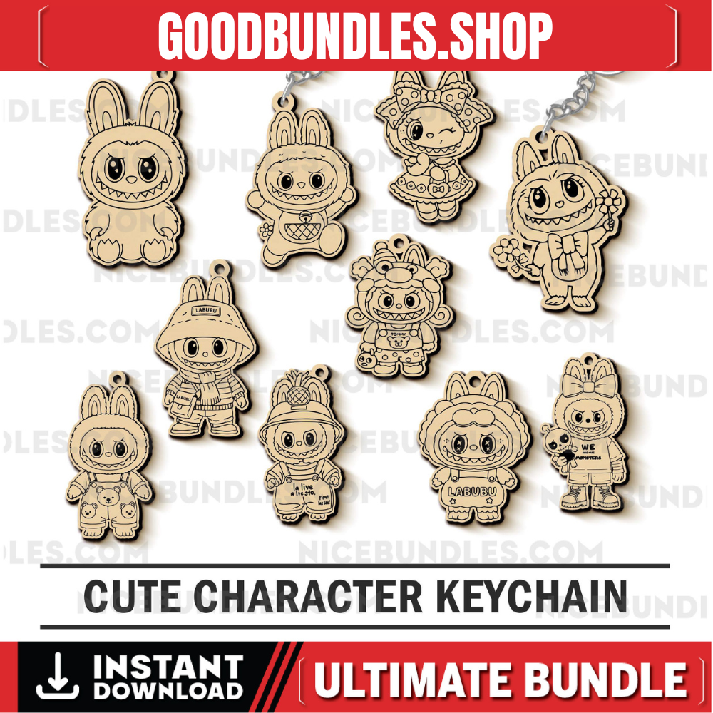 Cute Toy Keychain SVG Laser Cut File, Kawaii Keyring Laser cut, Cute Tag for Gift Car Charm, Gift for Her, Digital Download, Glowforge