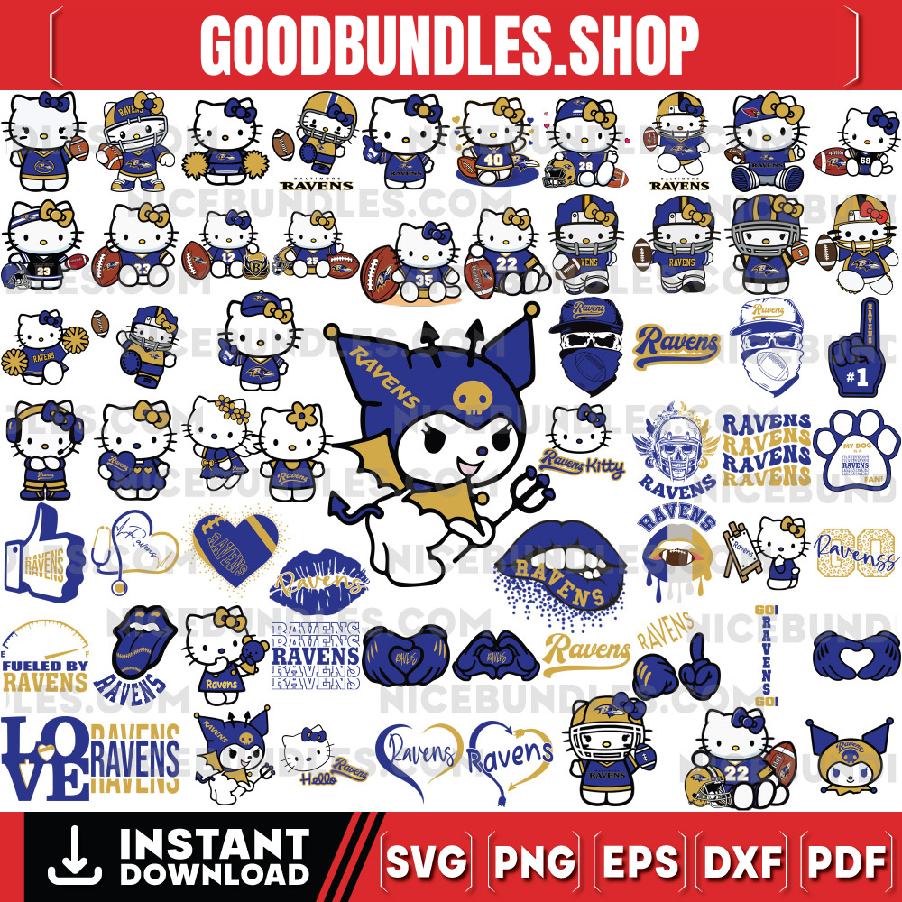 310 Hello Kitty Baltimore Ravens Logo Files Svg, Baltimore Ravens Svg, NFL Teams Svg, Hello Kitty Svg, Png, Dxf, Eps, Instant Download