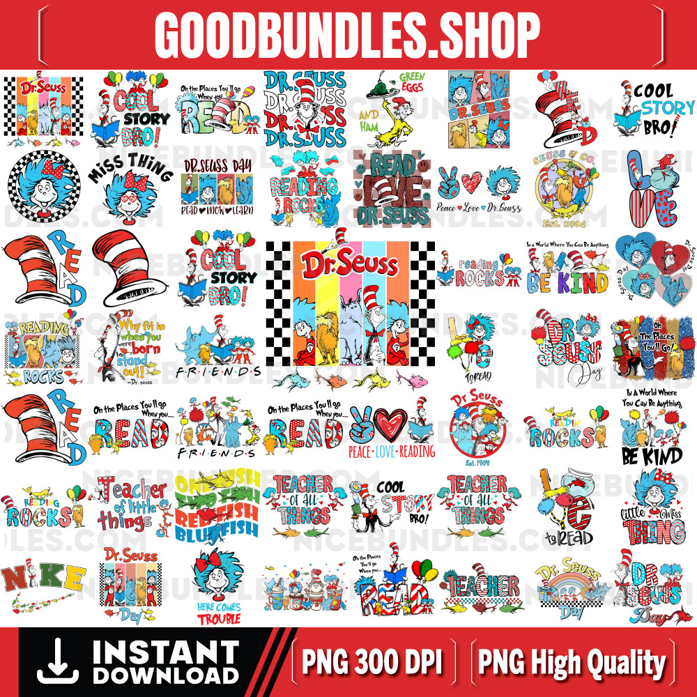 50+ Reading Day PNG Bundle, Oh The Place You Will Go Png, Little Miss Thing Png, Read Across America Png, Teaching Is My Thing Design File