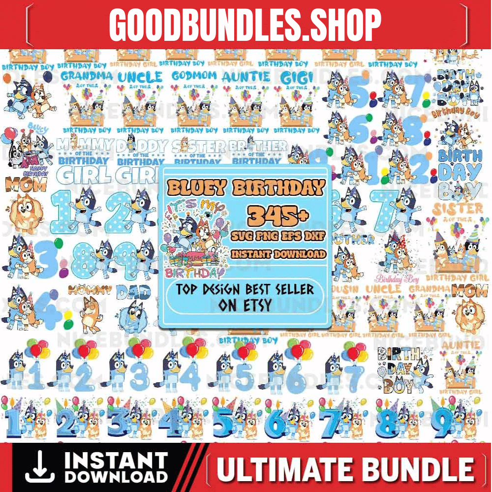 Bluey Birthday Svg, Blue Dog and Friends Svg, Cartoon Characters Cliparts,Layered Svg by Colors,Transparent Png, Cut files for Cricut