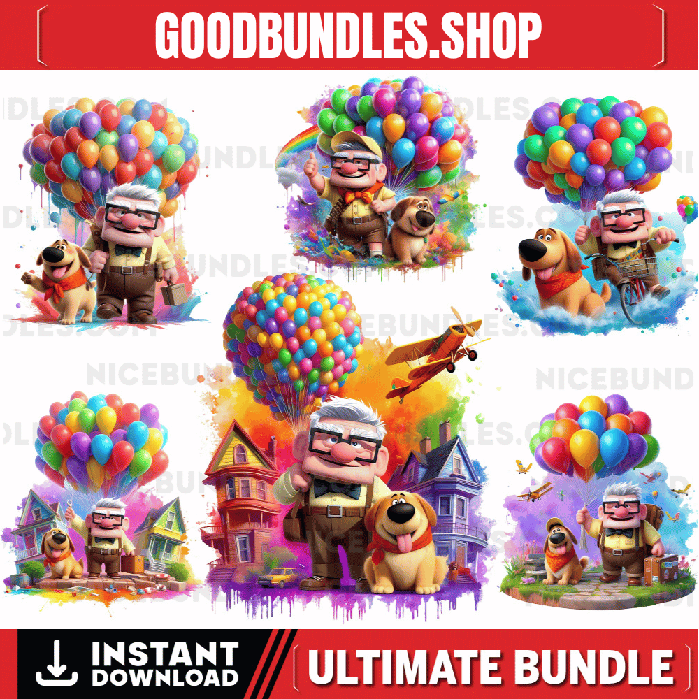 6 PNG UP Movie Splash and Watercolor Digital design file for sublimation – High Resolution -Instant Digital PNG Download