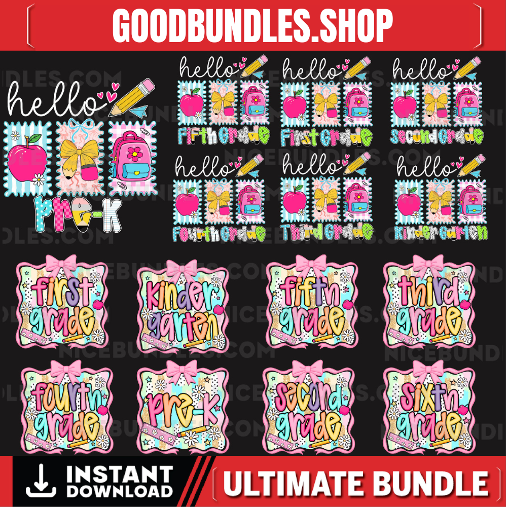 Preppy Back to School PNG Bundle, Hello Kindergarten Pre-K 1st 2d 3d 4th 5th Grades Png, Coquette First day Hand Drawn Teacher Girl