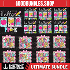 Preppy Back to School PNG Bundle, Hello Kindergarten Pre-K 1st 2d 3d 4th 5th Grades Png, Coquette First day Hand Drawn Teacher Girl