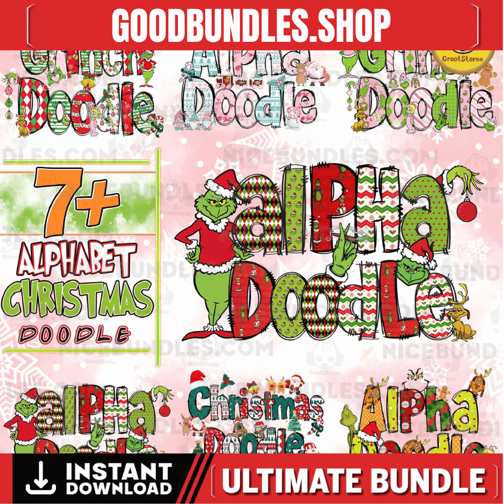7 Set Christmas Alpha Doodle Png Bundle, Christmas Character Alphabet Bundle, Christmas Hot Custom Png Bundle, Digital Download