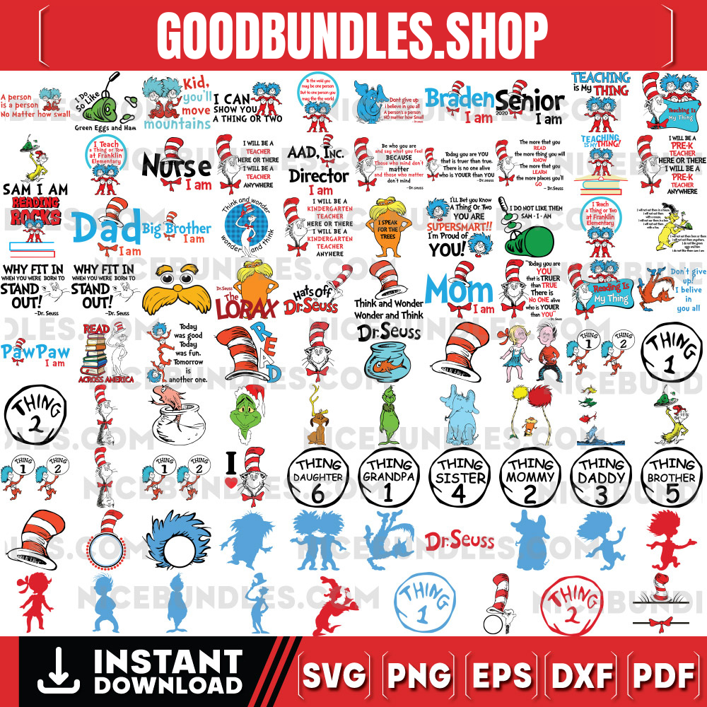 Mega Bundle,Dr Seuss Svg, Cat In The Hat SVG, Dr Seuss Hat SVG, Green Eggs And Ham Svg, Dr Seuss for Teachers Svg, Cricut, Thing Svg