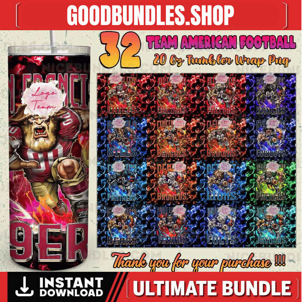 32 Team American Football Tumbler PNG Sublimation Designs, Football Mascot 20oz Skinny Tumbler Wrap PNG, Football Png Digital Download, NFL Tumbler