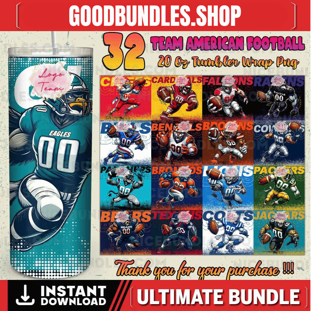 32 Team American Football Tumbler PNG Sublimation Designs, Football Mascot 20oz Skinny Tumbler Wrap PNG, Football Png Digital Download, NFL Tumbler