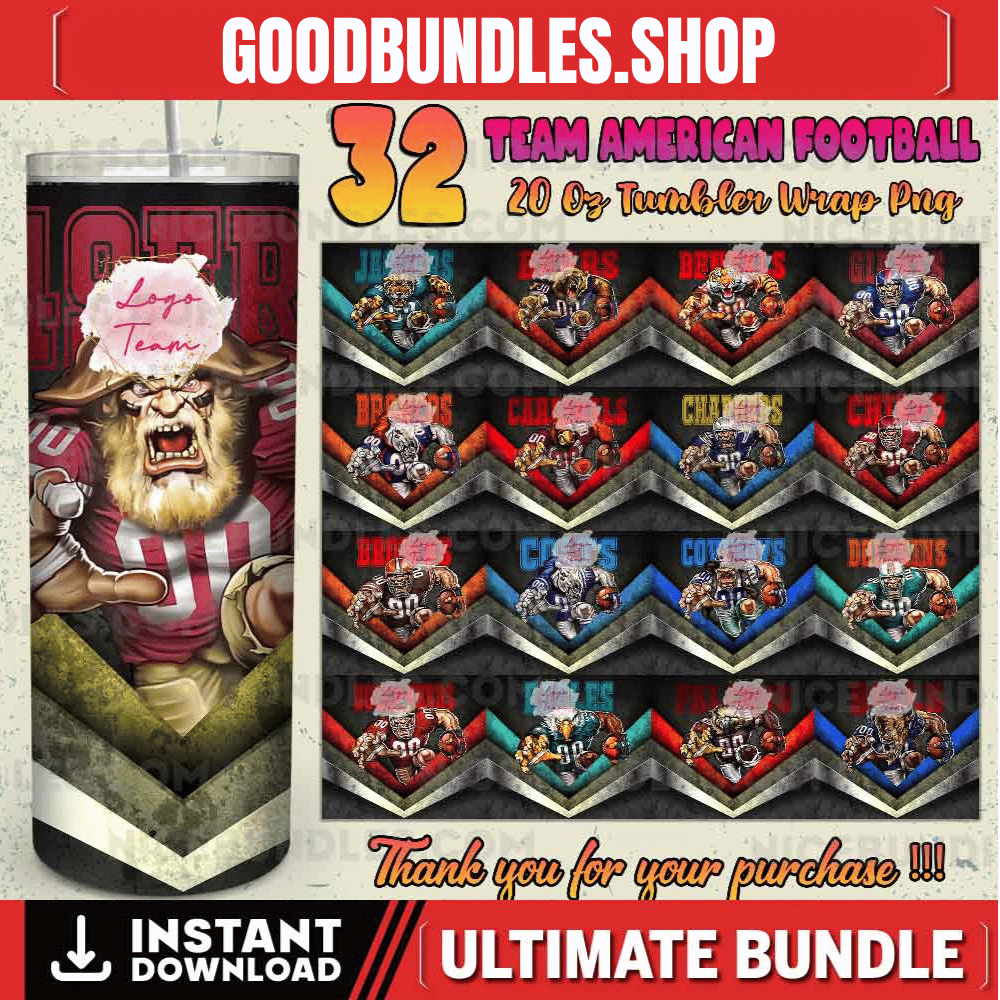 32 Team American Football Tumbler PNG Sublimation Designs, Football Mascot 20oz Skinny Tumbler Wrap PNG, Football Png Digital Download, NFL Tumbler