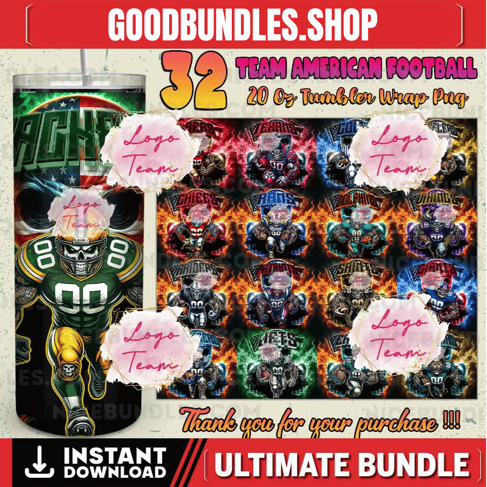 32 Team American Football Tumbler PNG Sublimation Designs, Football Mascot 20oz Skinny Tumbler Wrap PNG, Football Png Digital Download, NFL Tumbler