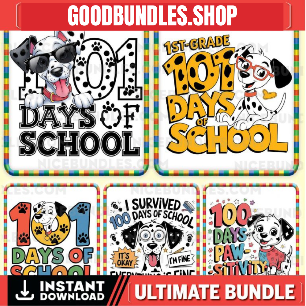 101 Days Of School Dalmatian Dog Clipart Bundle, 10 PNG Happy 100 Days Clipart, Back To School Png, School Clipart, Commercial Use