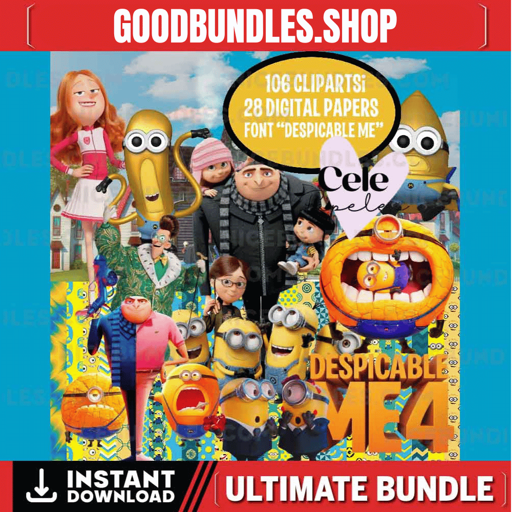 Despicable me 4 cliparts, minions png, gru png, despicable me digital paper