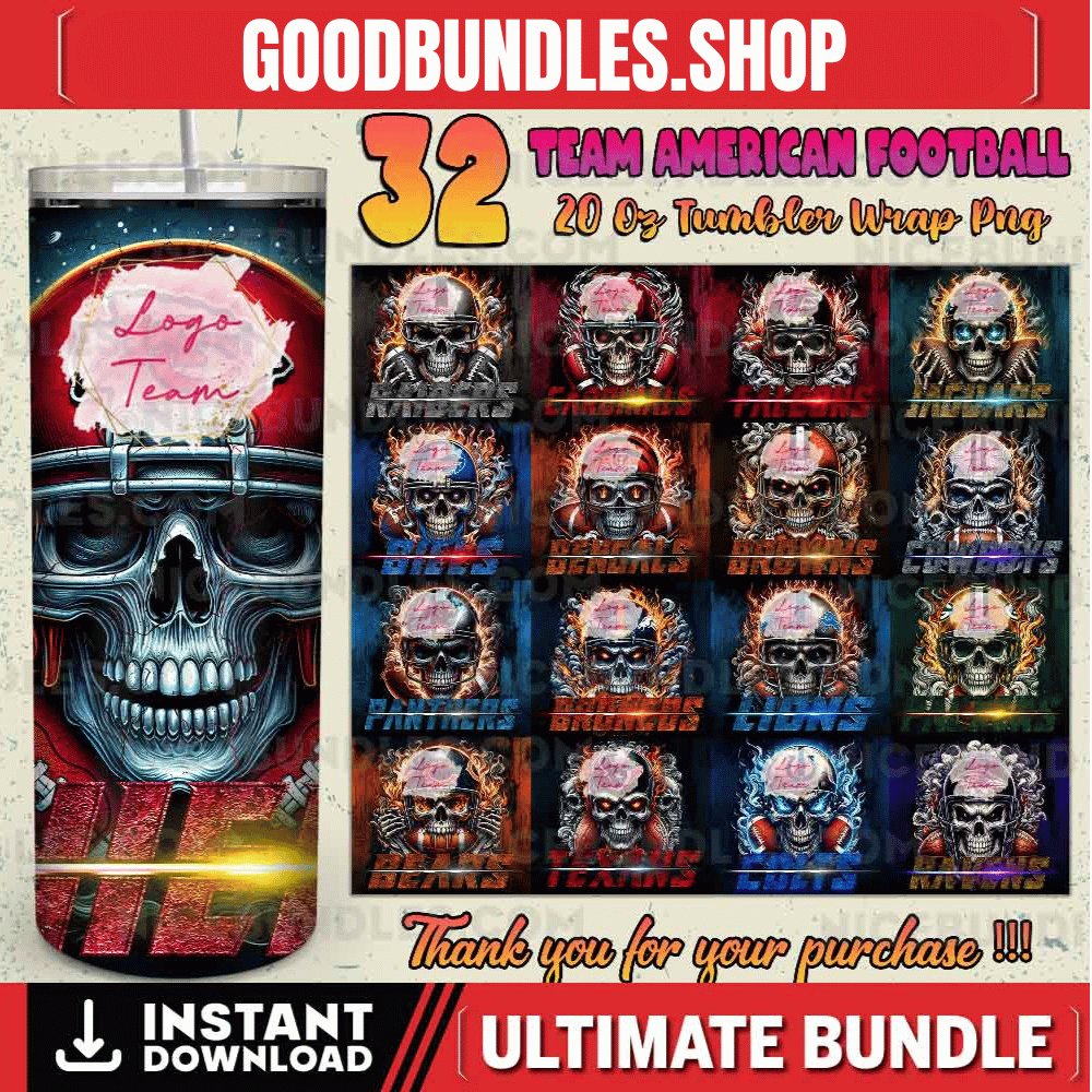 32 Team American Football Tumbler PNG Sublimation Designs, Football Mascot 20oz Skinny Tumbler Wrap PNG, Football Png Digital Download, NFL Tumbler