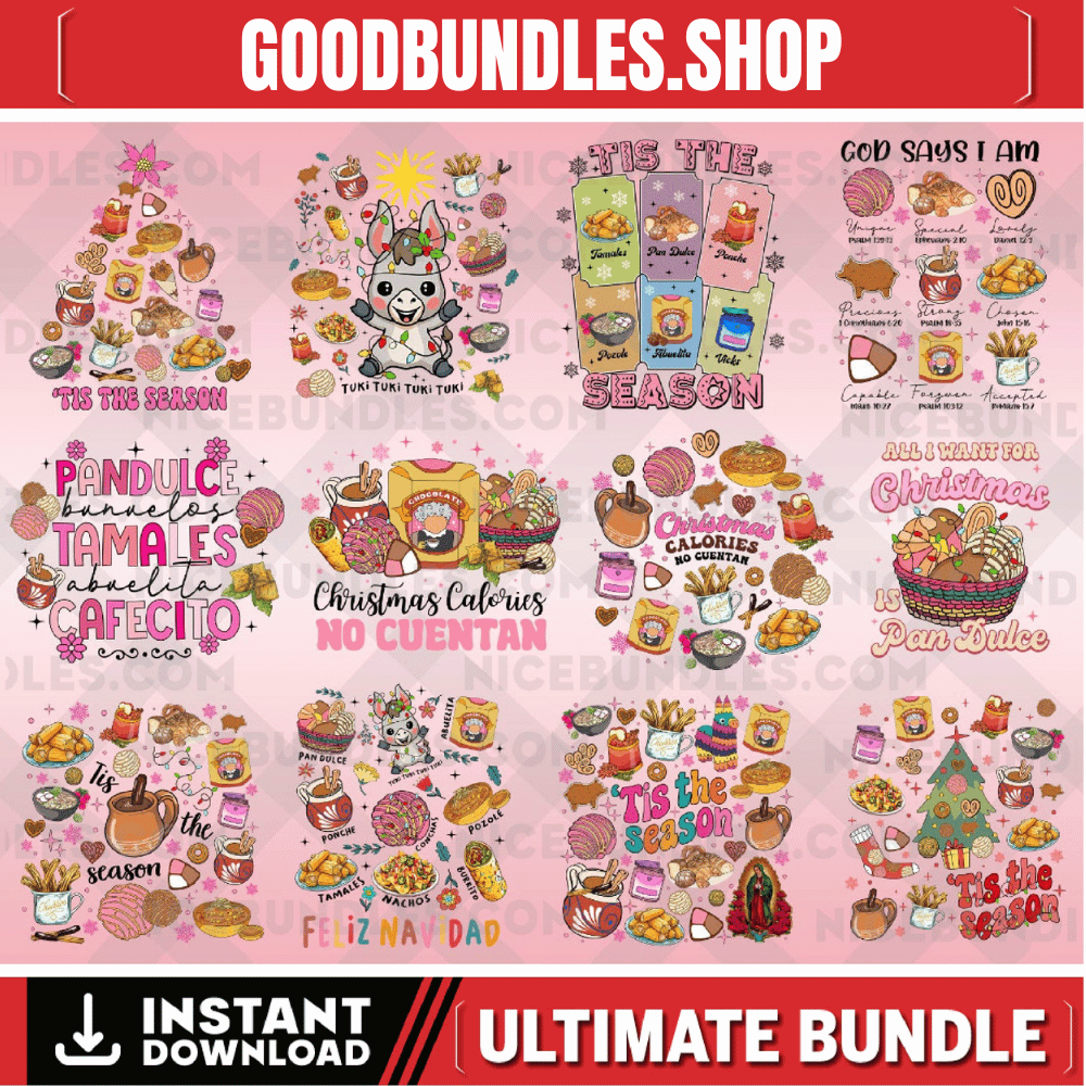 40+ Designs Christmas Mexican Christmas Bundle Png, Pan Dulce Png, Spanish Christmas, Funny Christmas, Mexican Chocolate, Pink Christmas