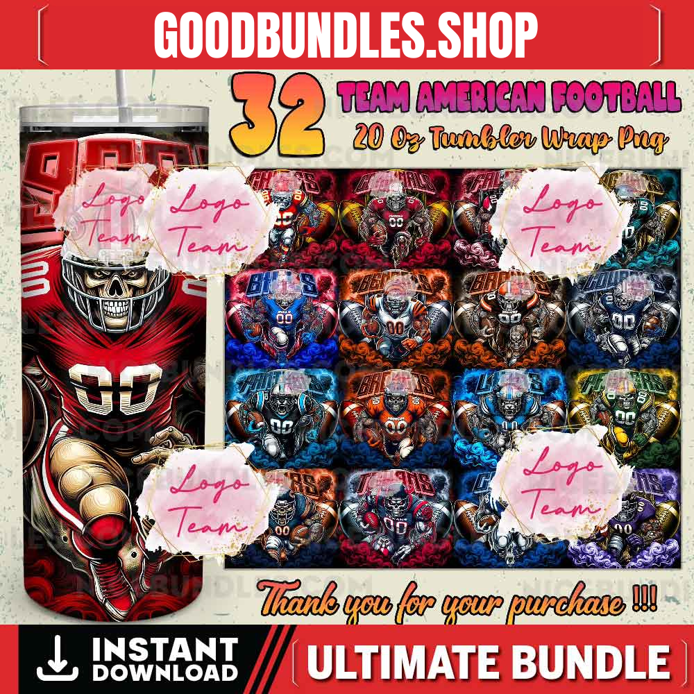 32 Team American Football Tumbler PNG Sublimation Designs, Football Mascot 20oz Skinny Tumbler Wrap PNG, Football Png Digital Download, NFL Tumbler