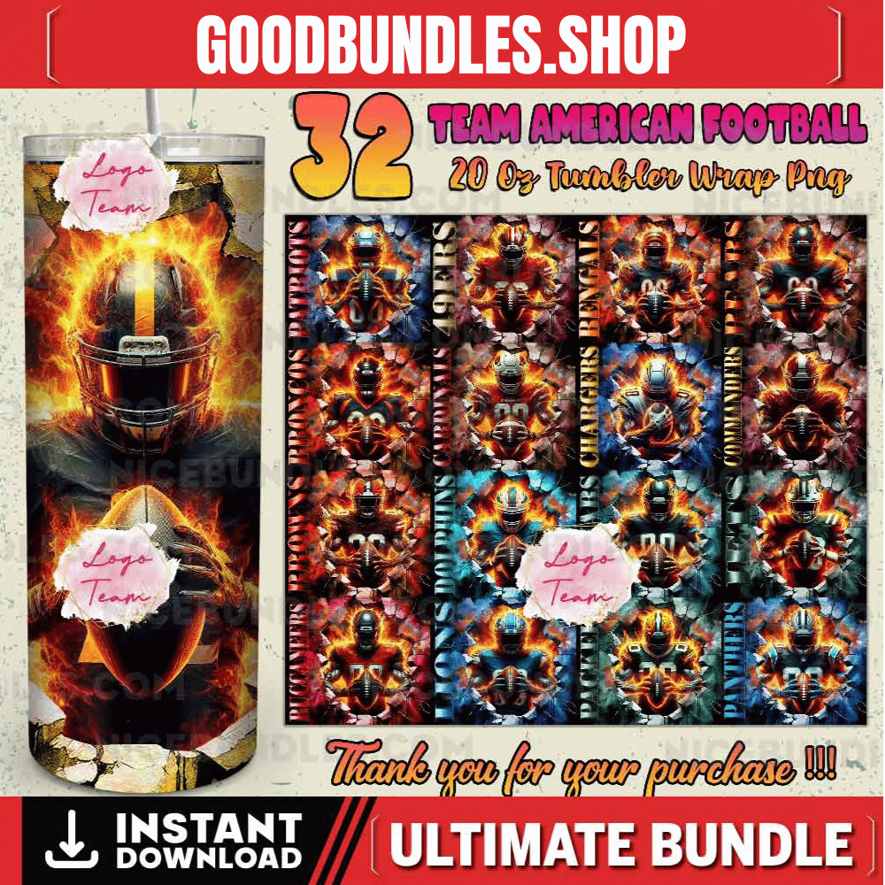 32 Team American Football Tumbler PNG Sublimation Designs, Football Mascot 20oz Skinny Tumbler Wrap PNG, Football Png Digital Download, NFL Tumbler