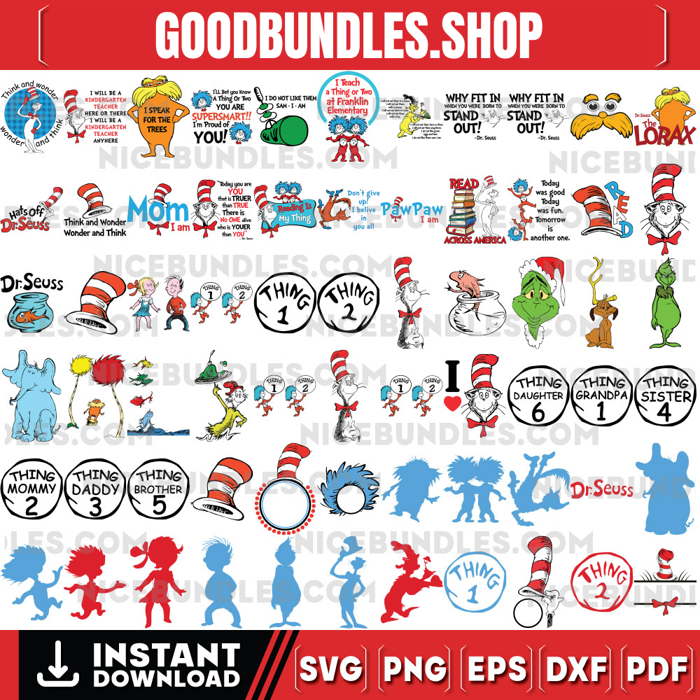 Dr Seuss Svg, Mega Bundle, Cat In The Hat SVG, Dr Seuss Hat SVG, Green Eggs And Ham Svg, Dr Seuss for Teachers Svg, Cricut, Thing Svg
