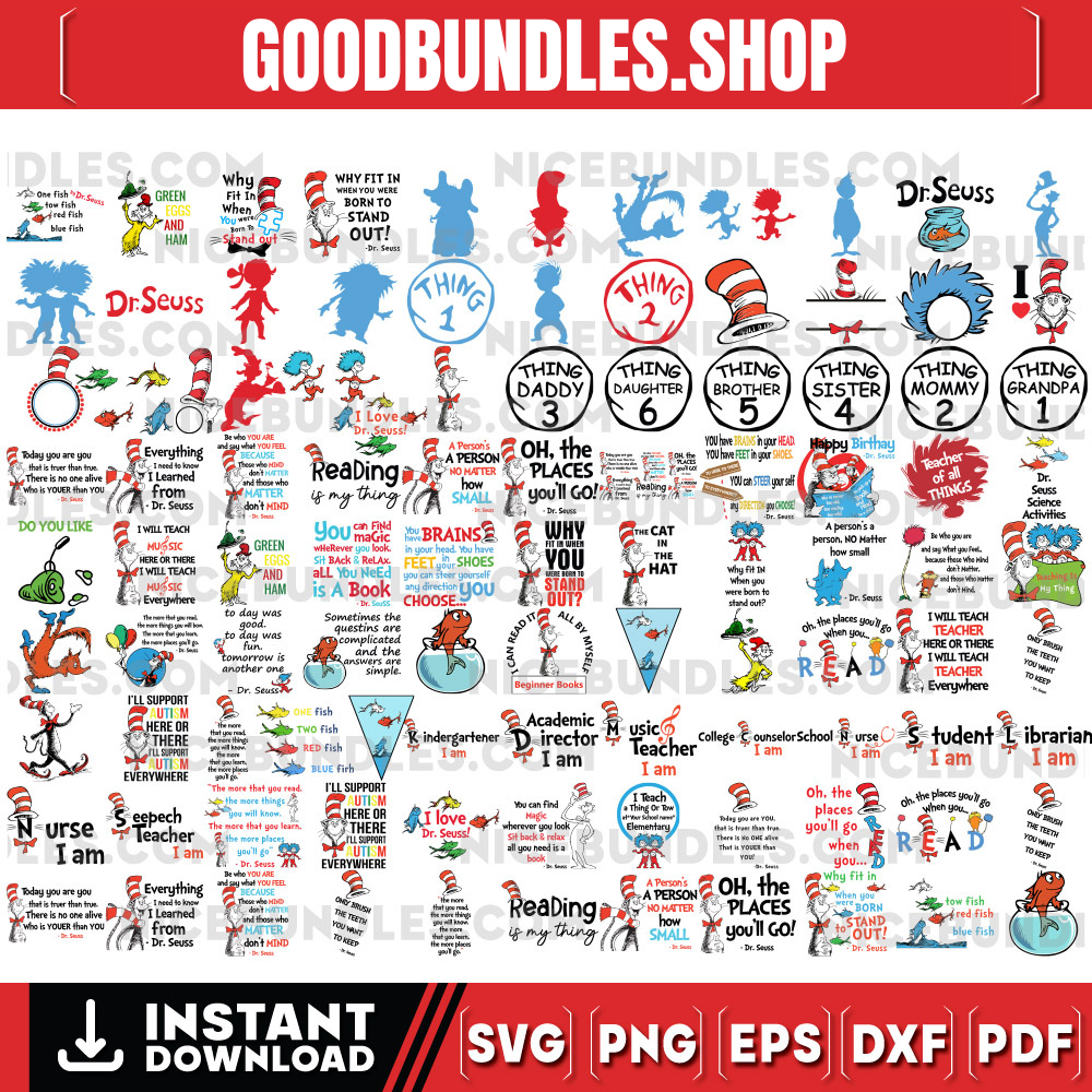 Dr. Seuss Svg Mega Bundle, Cat In The Hat Svg, Green Eggs And Ham Svg, Seuss Quotes, Dr Seuss for Teachers Svg, Cricut, ClipArt, Thing Svg