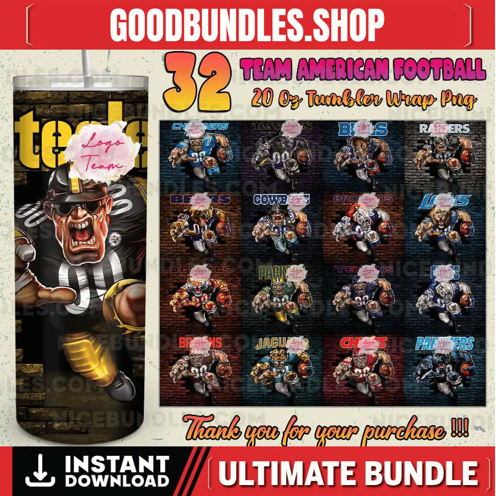 32 Team American Football Tumbler PNG Sublimation Designs, Football Mascot 20oz Skinny Tumbler Wrap PNG, Football Png Digital Download, NFL Tumbler