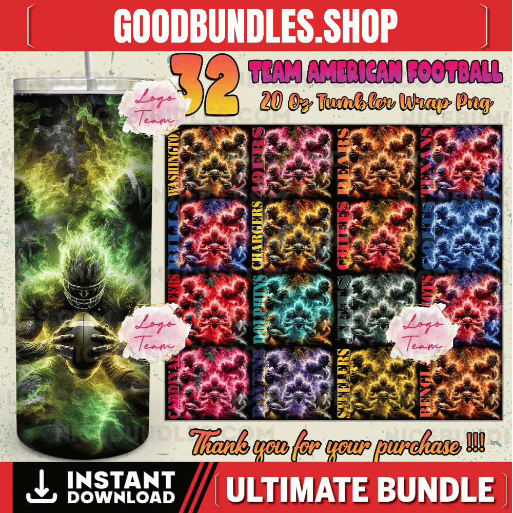 32 Team American Football Tumbler PNG Sublimation Designs, Football Mascot 20oz Skinny Tumbler Wrap PNG, Football Png Digital Download, NFL Tumbler