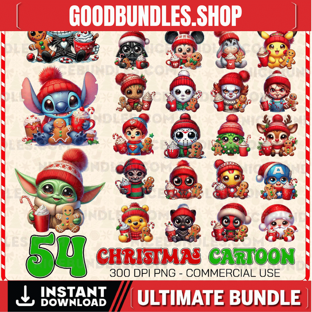 50+ Cartoon Christmas Png Bundle, Christmas T-shirt Designs, Cartoon Png Clipart Sublimation, Merry Christmas Png, Digital Download