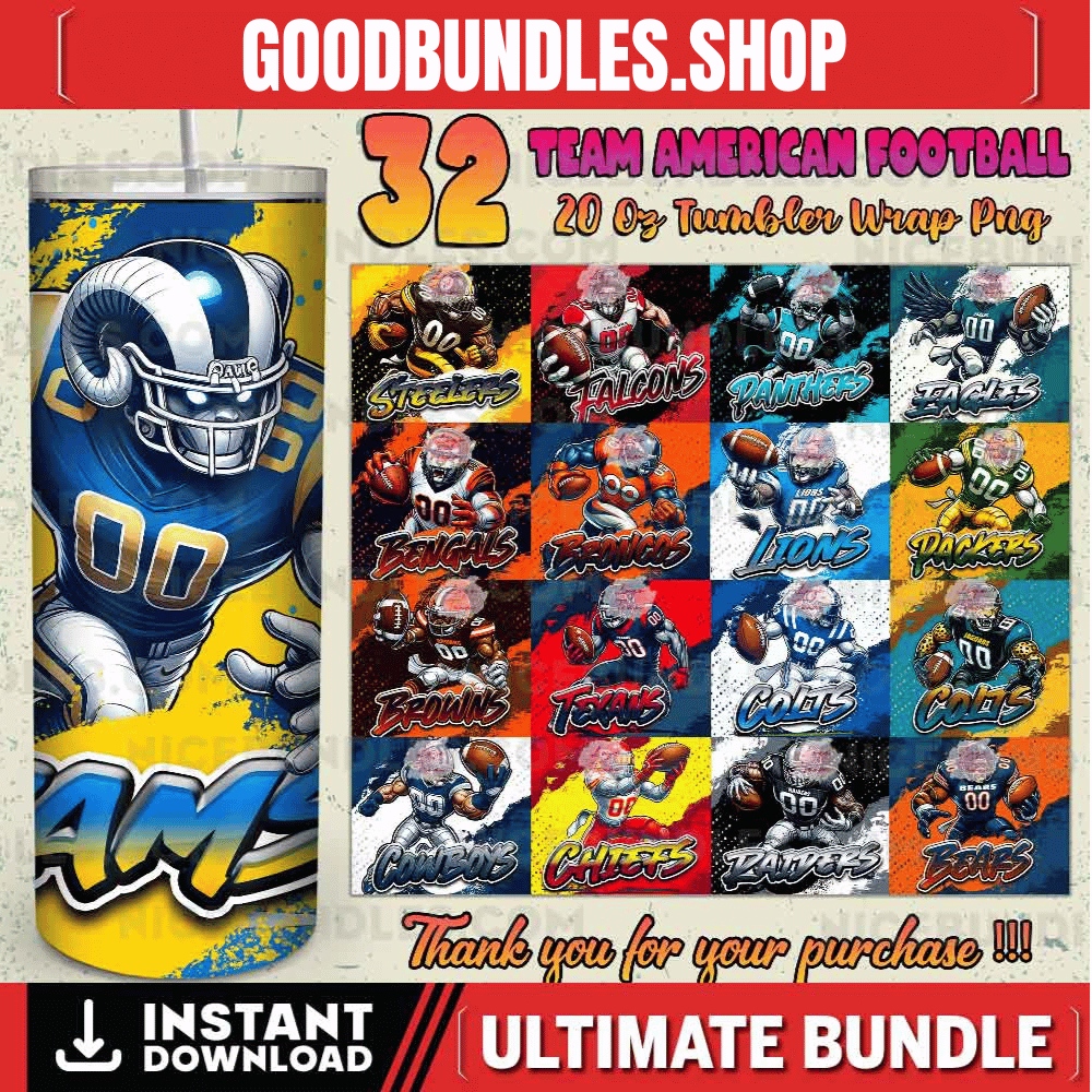 32 Team American Football Tumbler PNG Sublimation Designs, Football Mascot 20oz Skinny Tumbler Wrap PNG, Football Png Digital Download, NFL Tumbler