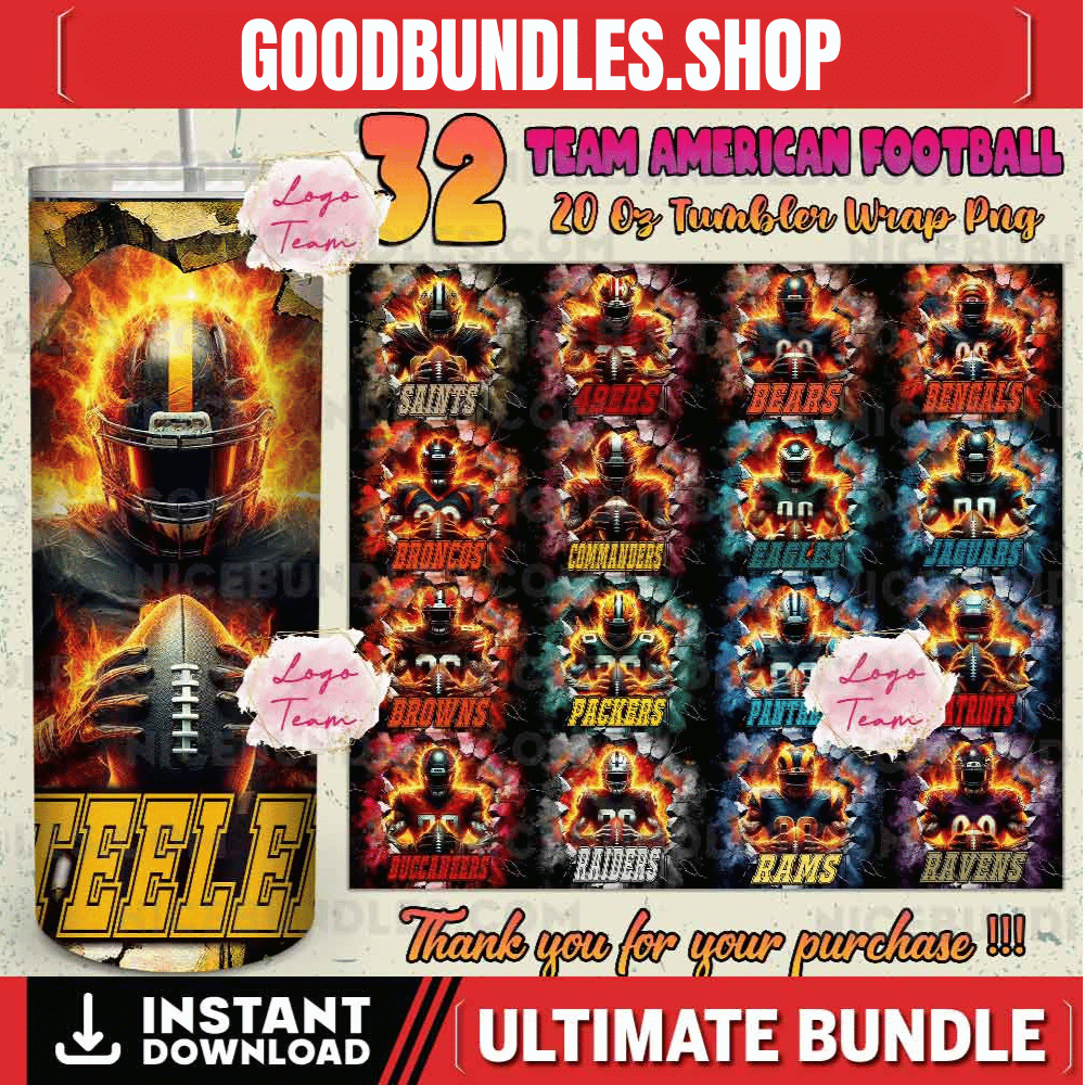 32 Team American Football Tumbler PNG Sublimation Designs, Football Mascot 20oz Skinny Tumbler Wrap PNG, Football Png Digital Download, NFL Tumbler
