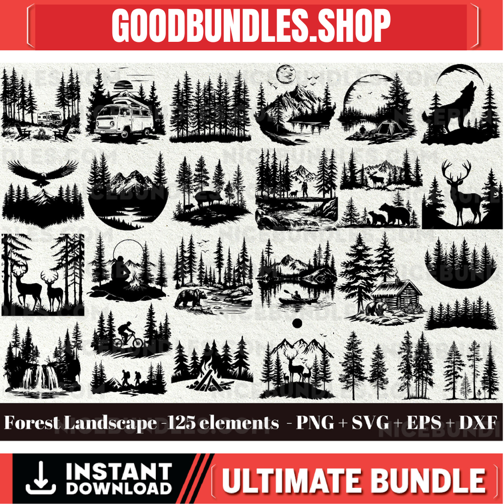 Forest Landscape SVG / Forest scene svg / Forest silhouette svg / Instant Download / Mountain Svg Bundle / Commercial use / Woodland SVG