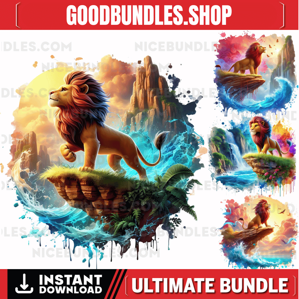 4 PNG Lion King Splash and Watercolor Digital design PNG file for sublimation – High Resolution -Instant Digital PNG Download