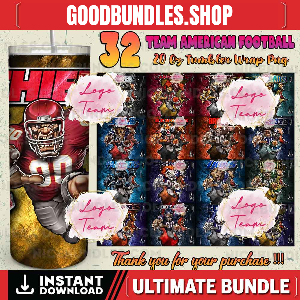 32 Team American Football Tumbler PNG Sublimation Designs, Football Mascot 20oz Skinny Tumbler Wrap PNG, Football Png Digital Download, NFL Tumbler