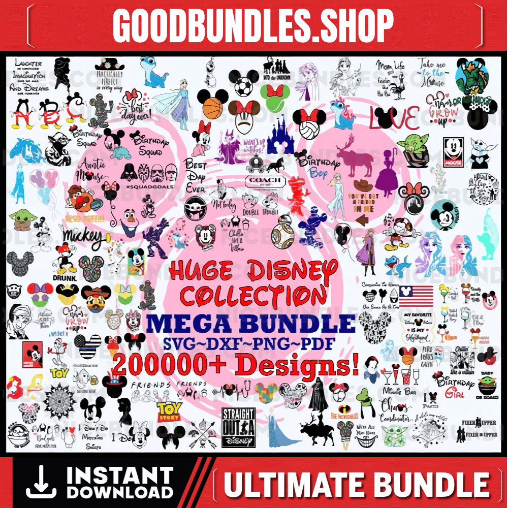 200 000+ Mega Svg Bundle Cricut File, Mickey Mouse, Minnie, Frozen, Moana, Elsa, Cinderella, Stitch, Toy Story, Pooh Cricut, Cut file