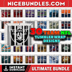 30 NFL Football Bundle Tumbler Wraps, 20 oz Skinny Tumbler Sublimation Design Digital Download PNG, Tumbler, Clip Art, Wall Art