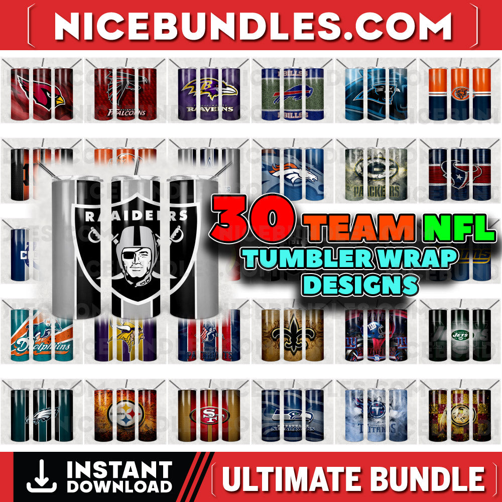 30 NFL Football Bundle Tumbler Wraps, 20 oz Skinny Tumbler Sublimation Design Digital Download PNG, Tumbler, Clip Art, Wall Art